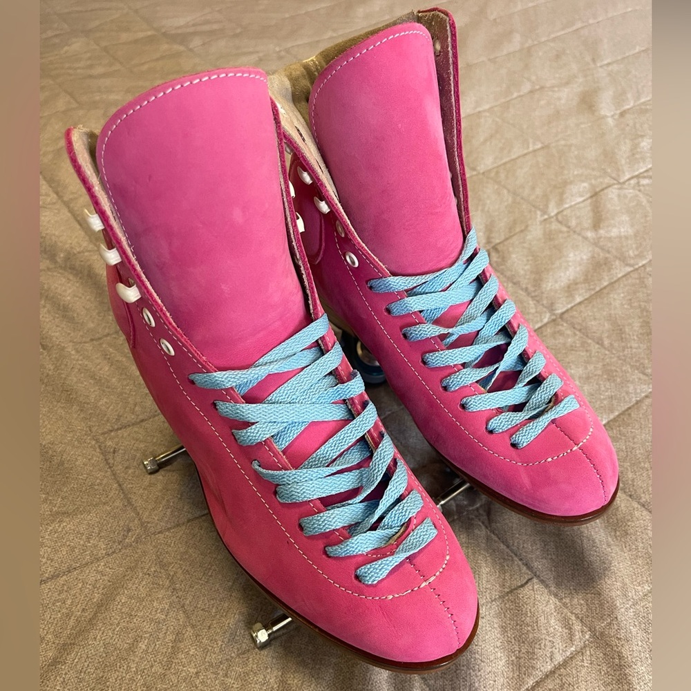 Women's Pink Roller Skate Boots with Light Blue Laces With Artisic Wheels